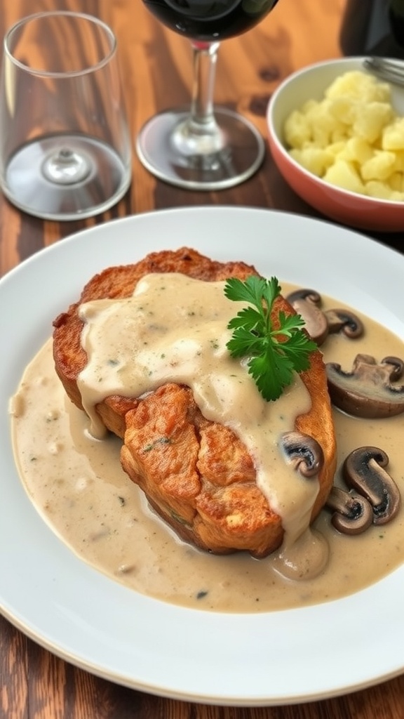 Pork chops topped with creamy mushroom sauce and garnished with parsley, served with mashed potatoes on a rustic table.